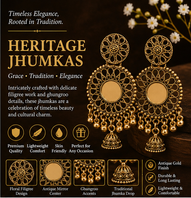 Antique Gold Floral Cutwork Statement Earrings with Mini Jhumka Drop