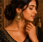 Antique Gold Floral Cutwork Statement Earrings with Mini Jhumka Drop