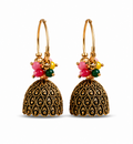 Antique Gold Dome Jhumka Hoop Earrings with Multicolor Bead Cluster