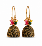 Antique Gold Dome Jhumka Hoop Earrings with Multicolor Bead Cluster