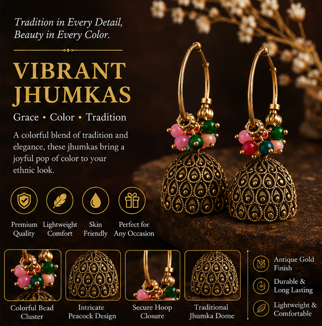 Antique Gold Dome Jhumka Hoop Earrings with Multicolor Bead Cluster