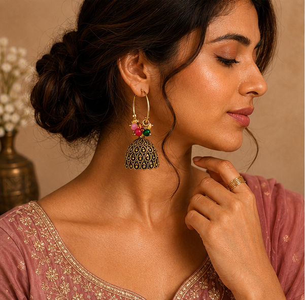 Antique Gold Dome Jhumka Hoop Earrings with Multicolor Bead Cluster