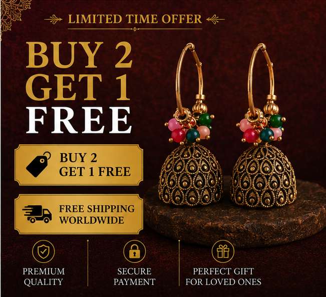Antique Gold Dome Jhumka Hoop Earrings with Multicolor Bead Cluster