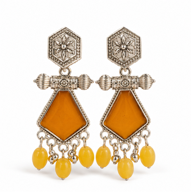 Oxidised Silver Geometric Dangler Earrings with Yellow Beads