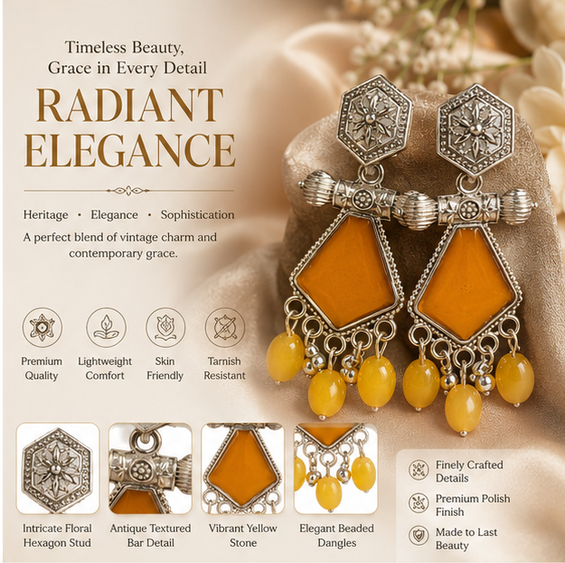 Oxidised Silver Geometric Dangler Earrings with Yellow Beads