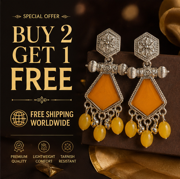 Oxidised Silver Geometric Dangler Earrings with Yellow Beads