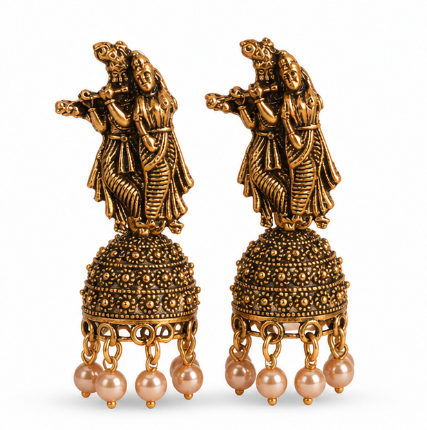 Antique Gold Radha Krishna Temple Jhumka Earrings with Pearl Drops