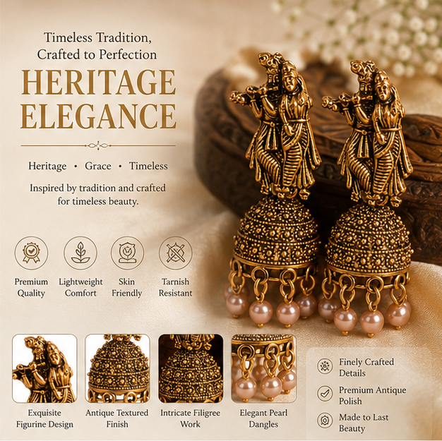 Antique Gold Radha Krishna Temple Jhumka Earrings with Pearl Drops