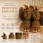 Antique Gold Radha Krishna Temple Jhumka Earrings with Pearl Drops