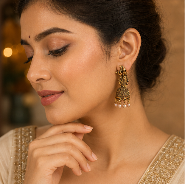 Antique Gold Radha Krishna Temple Jhumka Earrings with Pearl Drops