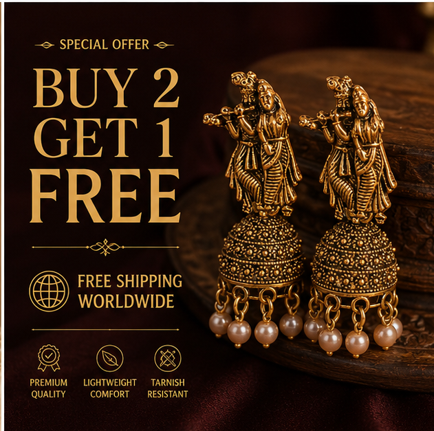 Antique Gold Radha Krishna Temple Jhumka Earrings with Pearl Drops