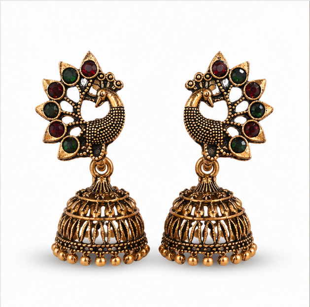 Antique Gold Peacock Jhumka Earrings with Multicolor Stones