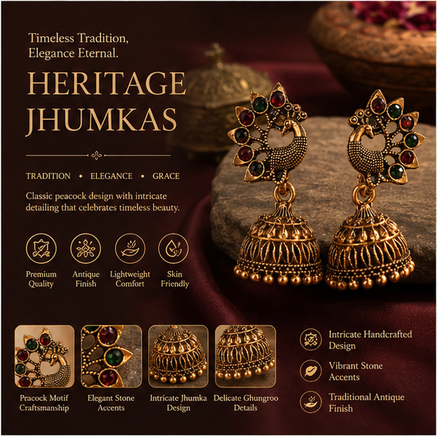 Antique Gold Peacock Jhumka Earrings with Multicolor Stones