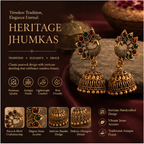 Antique Gold Peacock Jhumka Earrings with Multicolor Stones