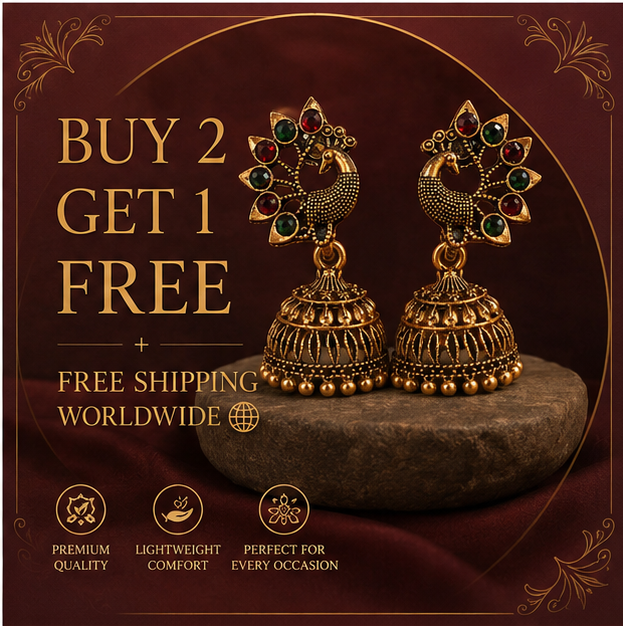 Antique Gold Peacock Jhumka Earrings with Multicolor Stones