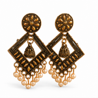 Antique Gold Geometric Pearl Dangler Earrings with Mini Jhumka