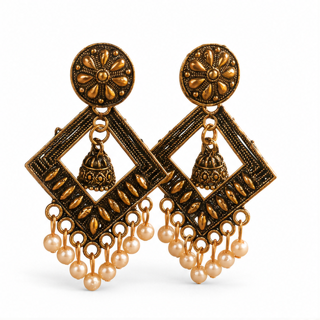 Antique Gold Geometric Pearl Dangler Earrings with Mini Jhumka