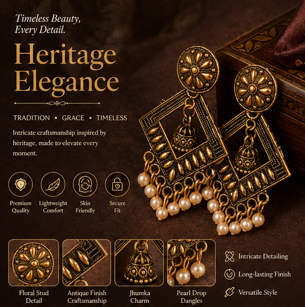 Antique Gold Geometric Pearl Dangler Earrings with Mini Jhumka