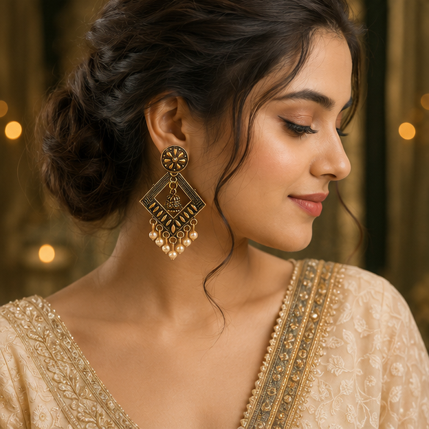 Antique Gold Geometric Pearl Dangler Earrings with Mini Jhumka