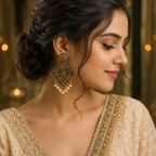 Antique Gold Geometric Pearl Dangler Earrings with Mini Jhumka