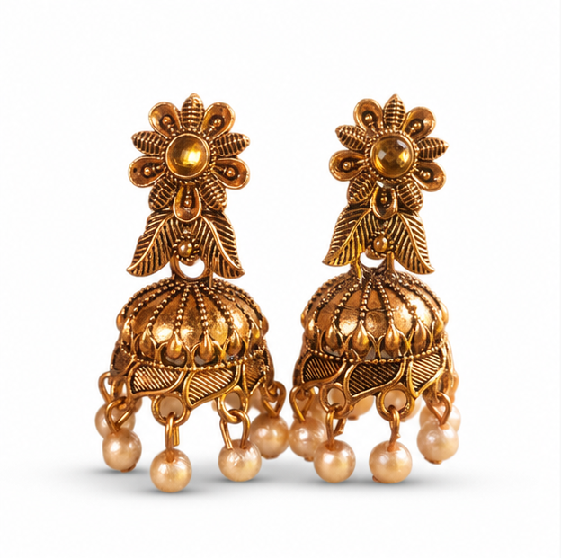 Antique Gold Floral Pearl Jhumka Earrings for Women