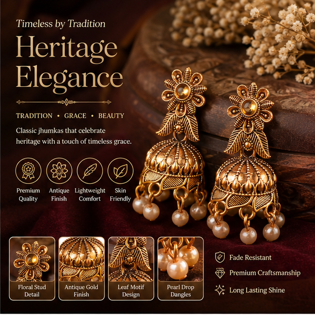 Antique Gold Floral Pearl Jhumka Earrings for Women