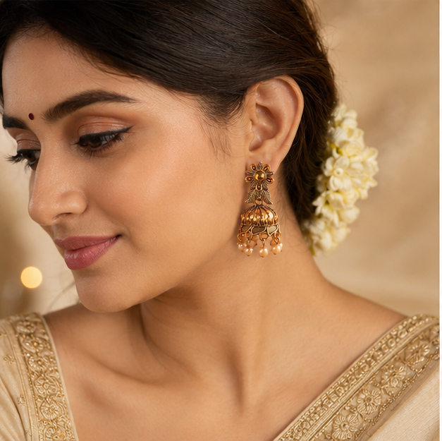 Antique Gold Floral Pearl Jhumka Earrings for Women