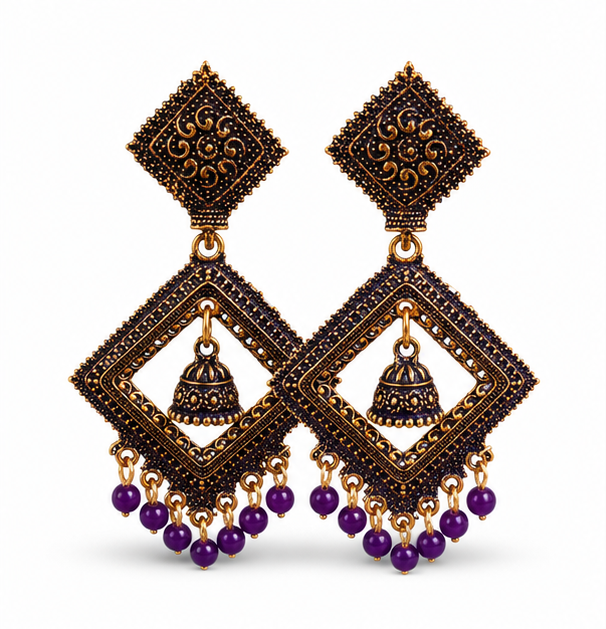 Antique Gold Square Dangler Earrings with Purple Bead Drops