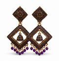 Antique Gold Square Dangler Earrings with Purple Bead Drops