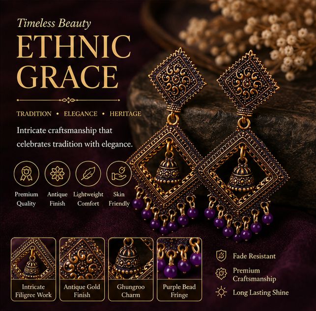 Antique Gold Square Dangler Earrings with Purple Bead Drops