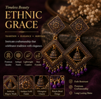 Antique Gold Square Dangler Earrings with Purple Bead Drops