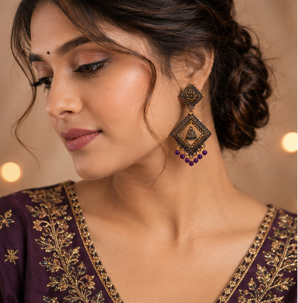 Antique Gold Square Dangler Earrings with Purple Bead Drops