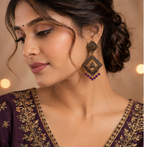 Antique Gold Square Dangler Earrings with Purple Bead Drops