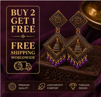 Antique Gold Square Dangler Earrings with Purple Bead Drops