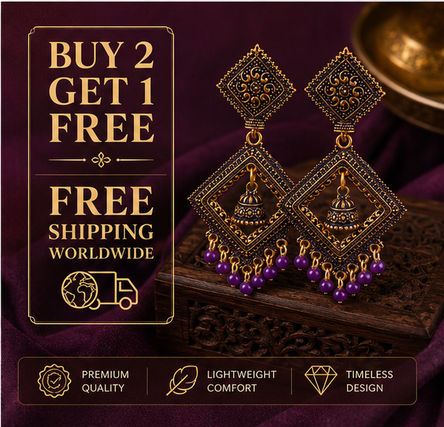 Antique Gold Square Dangler Earrings with Purple Bead Drops