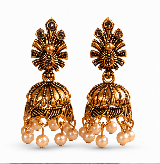 Antique Gold Floral Pearl Jhumka Earrings with Crystal Accents