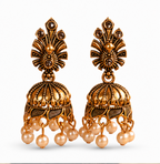 Antique Gold Floral Pearl Jhumka Earrings with Crystal Accents