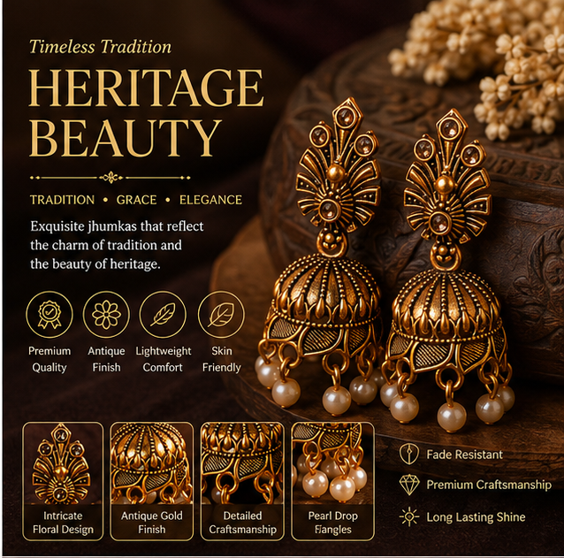 Antique Gold Floral Pearl Jhumka Earrings with Crystal Accents