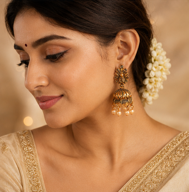 Antique Gold Floral Pearl Jhumka Earrings with Crystal Accents