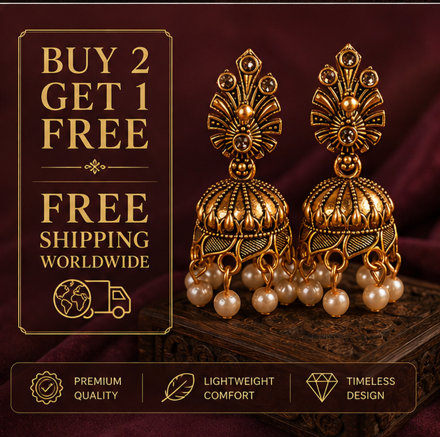 Antique Gold Floral Pearl Jhumka Earrings with Crystal Accents