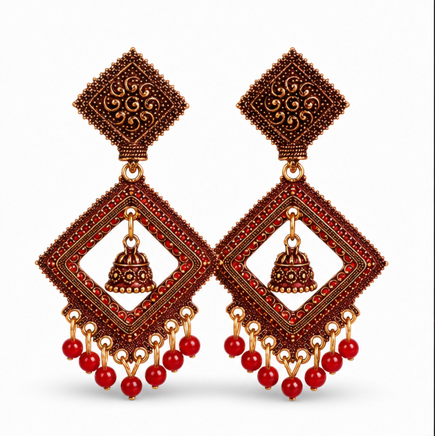 Antique Gold Geometric Dangler Earrings with Red Bead Drops