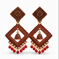 Antique Gold Geometric Dangler Earrings with Red Bead Drops