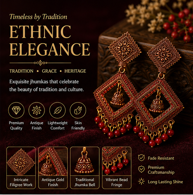 Antique Gold Geometric Dangler Earrings with Red Bead Drops