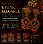 Antique Gold Geometric Dangler Earrings with Red Bead Drops