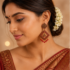 Antique Gold Geometric Dangler Earrings with Red Bead Drops