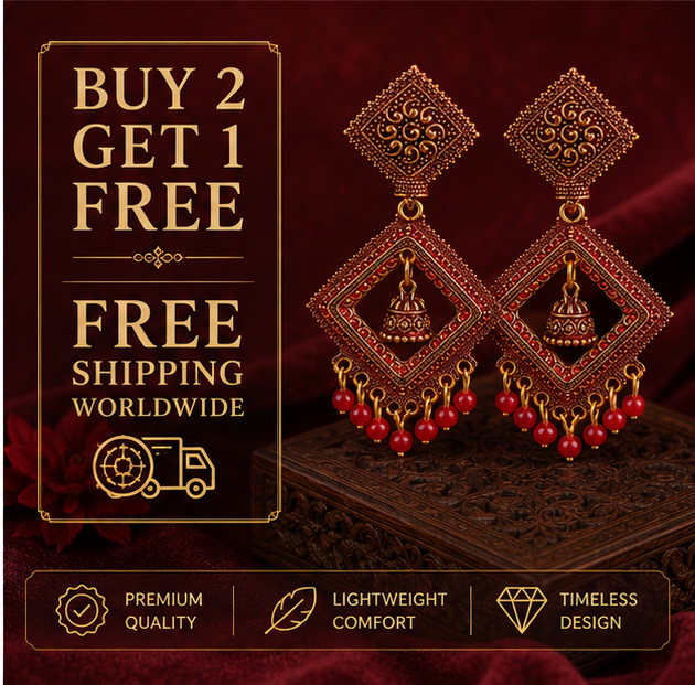 Antique Gold Geometric Dangler Earrings with Red Bead Drops