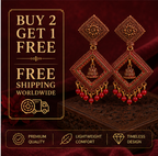 Antique Gold Geometric Dangler Earrings with Red Bead Drops