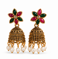 Antique Gold Floral Jhumka Earrings with Green & Pink Stones