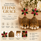 Antique Gold Floral Jhumka Earrings with Green & Pink Stones