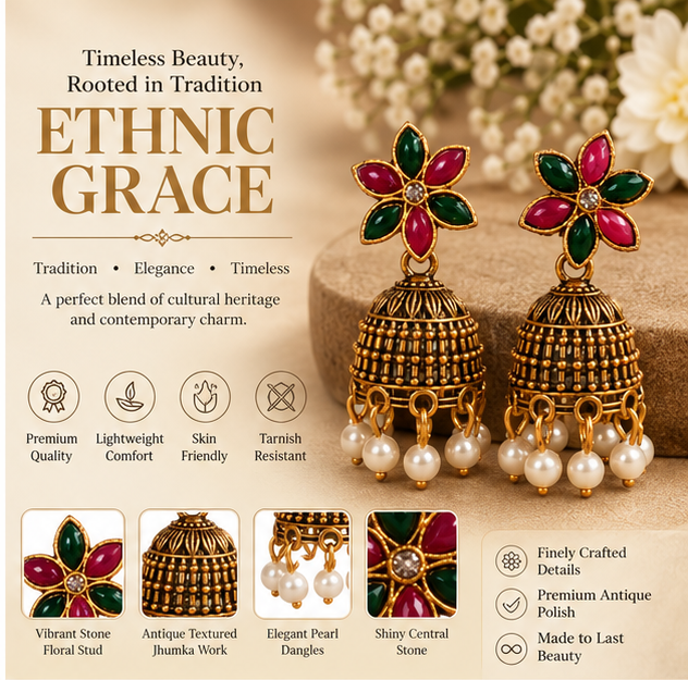 Antique Gold Floral Jhumka Earrings with Green & Pink Stones